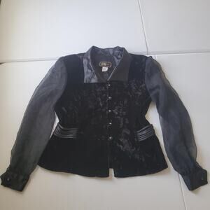 90s Y2K Whimsigoth Blouse Womens 12 Black Velvet Sheer Sleeve Button Victorian